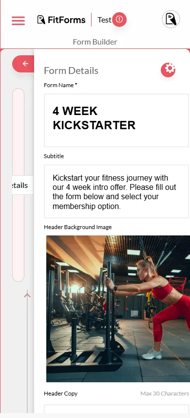 Form details settings panel on mobile